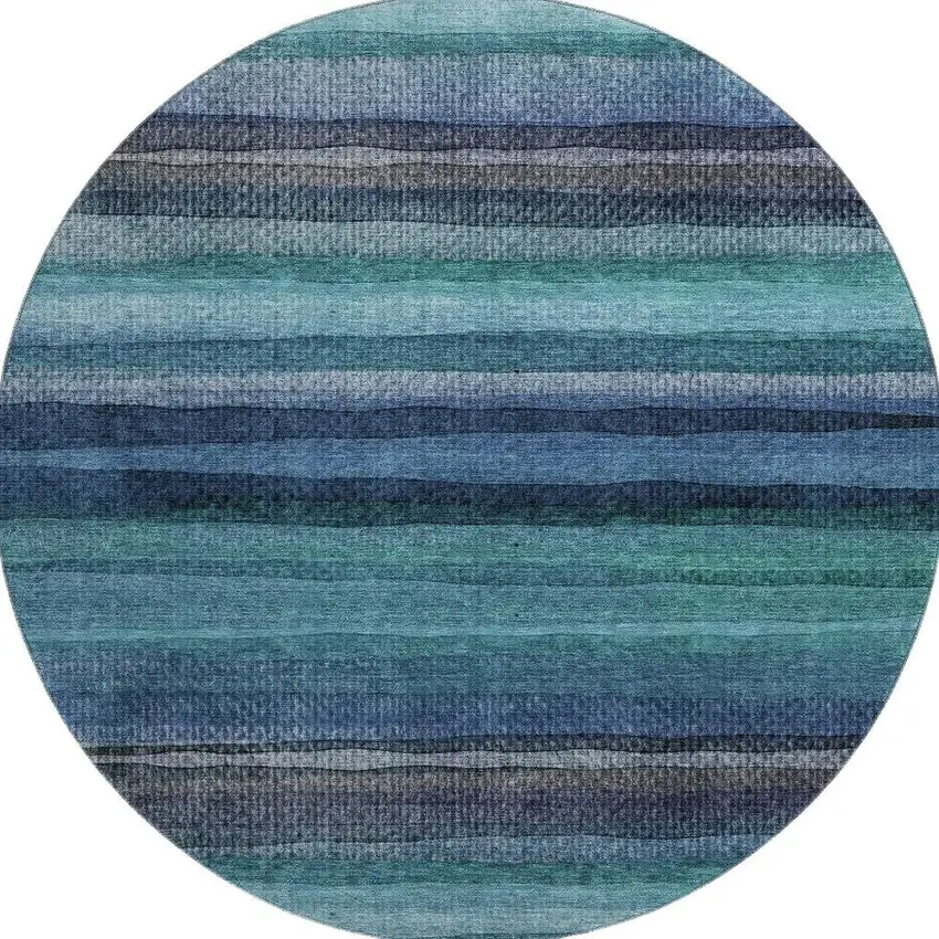 8' Teal And Navy Blue Striped Washable Round Rug With UV Protection Photo 4