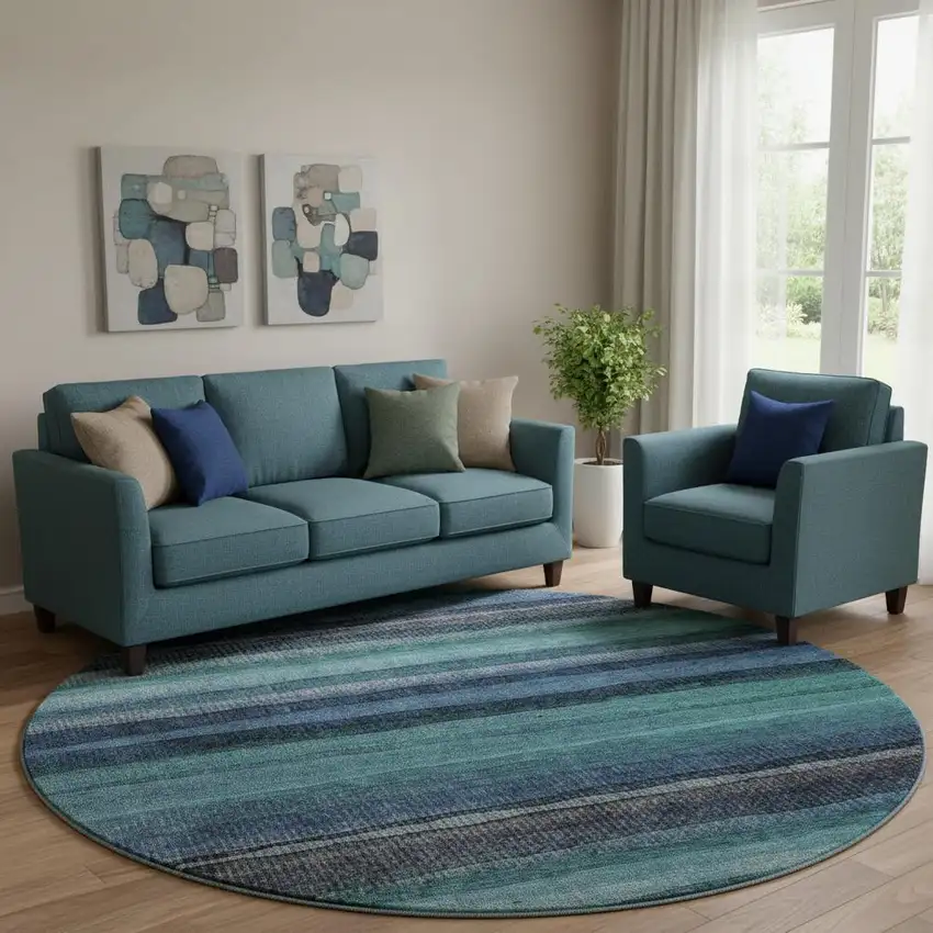 8' Teal And Navy Blue Striped Washable Round Rug With UV Protection Photo 2