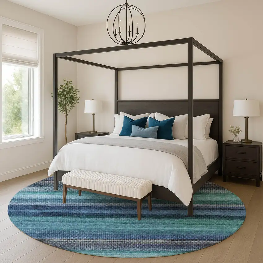 8' Teal And Navy Blue Striped Washable Round Rug With UV Protection Photo 5