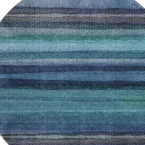 8' Teal And Navy Blue Striped Washable Round Rug With UV Protection Photo 3