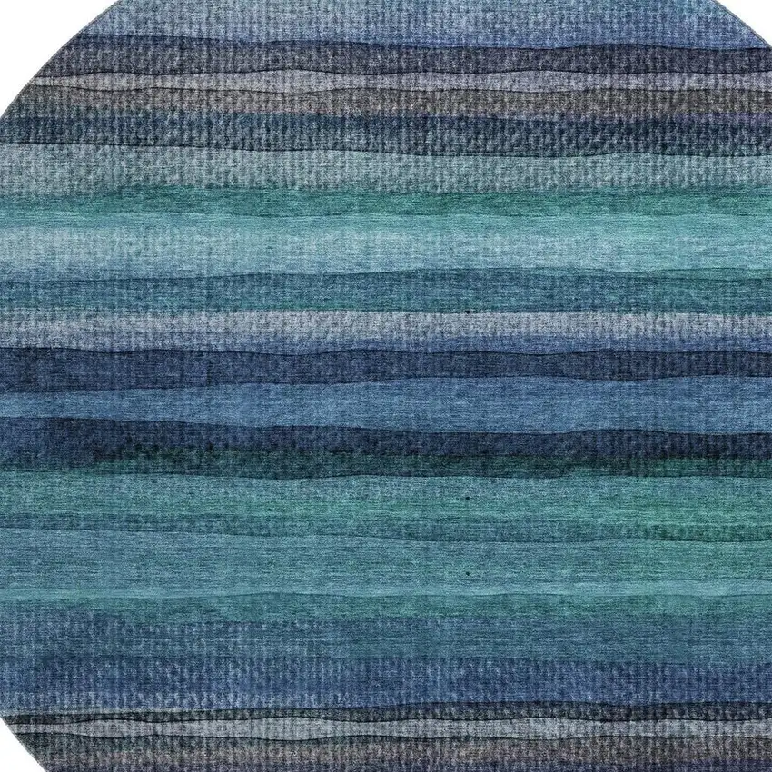 8' Teal And Navy Blue Striped Washable Round Rug With UV Protection Photo 3