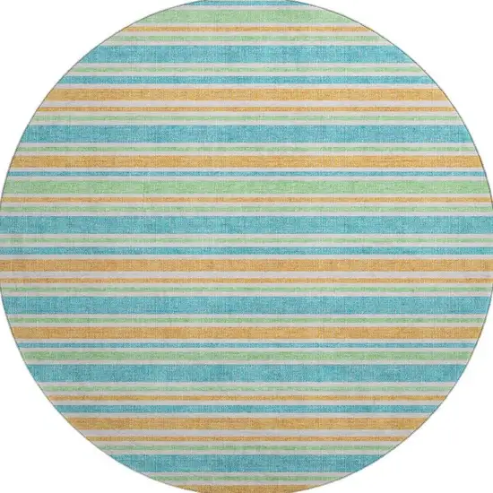 8' Teal And Orange Striped Washable Round Rug With UV Protection Photo 3