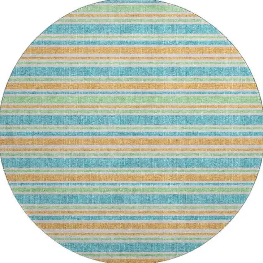 8' Teal And Orange Striped Washable Round Rug With UV Protection Photo 3