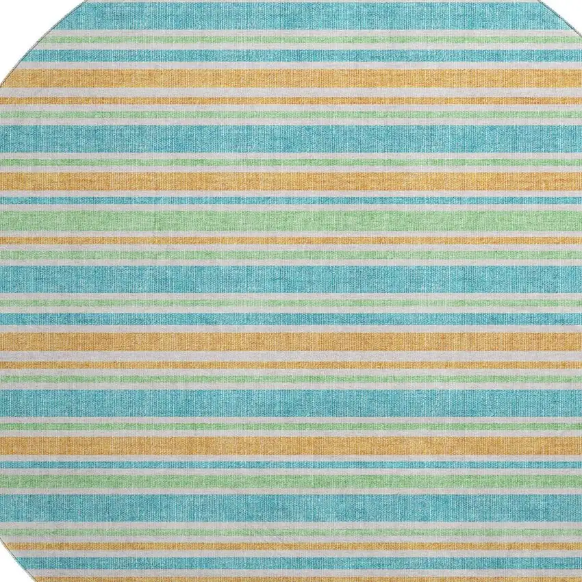 8' Teal And Orange Striped Washable Round Rug With UV Protection Photo 2