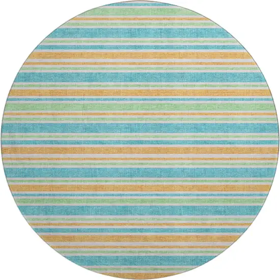 8' Teal And Orange Striped Washable Round Rug With UV Protection Photo 1