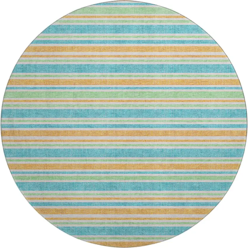 8' Teal And Orange Striped Washable Round Rug With UV Protection Photo 1