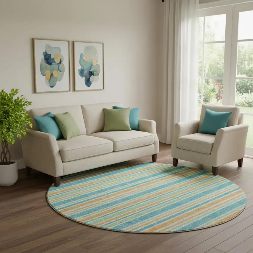 8' Teal And Orange Striped Washable Round Rug With UV Protection Photo 1