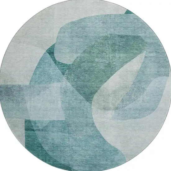 8' Teal And Pale Aqua Abstract Washable Round Rug With UV Protection Photo 4