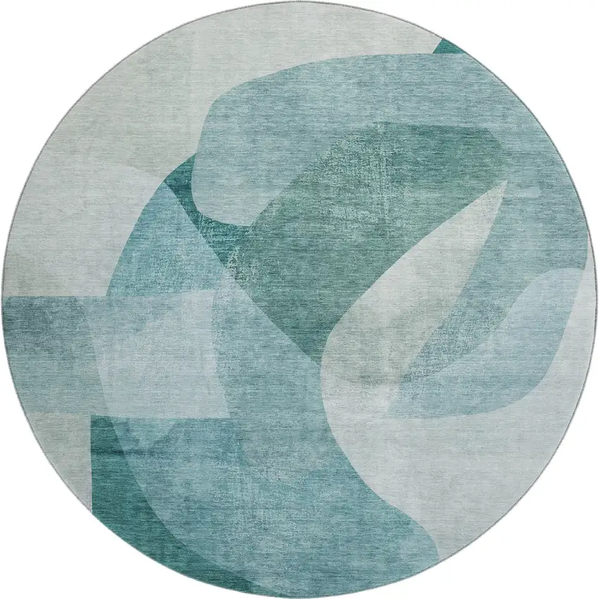 8' Teal And Pale Aqua Abstract Washable Round Rug With UV Protection Photo 1
