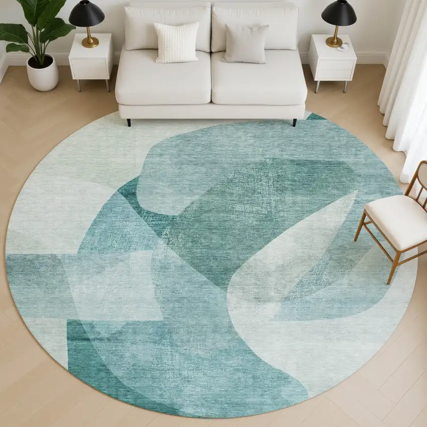 8' Teal And Pale Aqua Abstract Washable Round Rug With UV Protection Photo 5