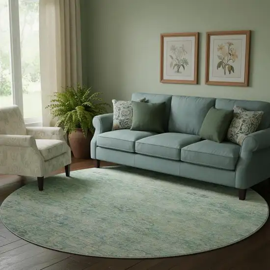 8' Teal And Pale Aqua Abstract Washable Round Rug With UV Protection Photo 2
