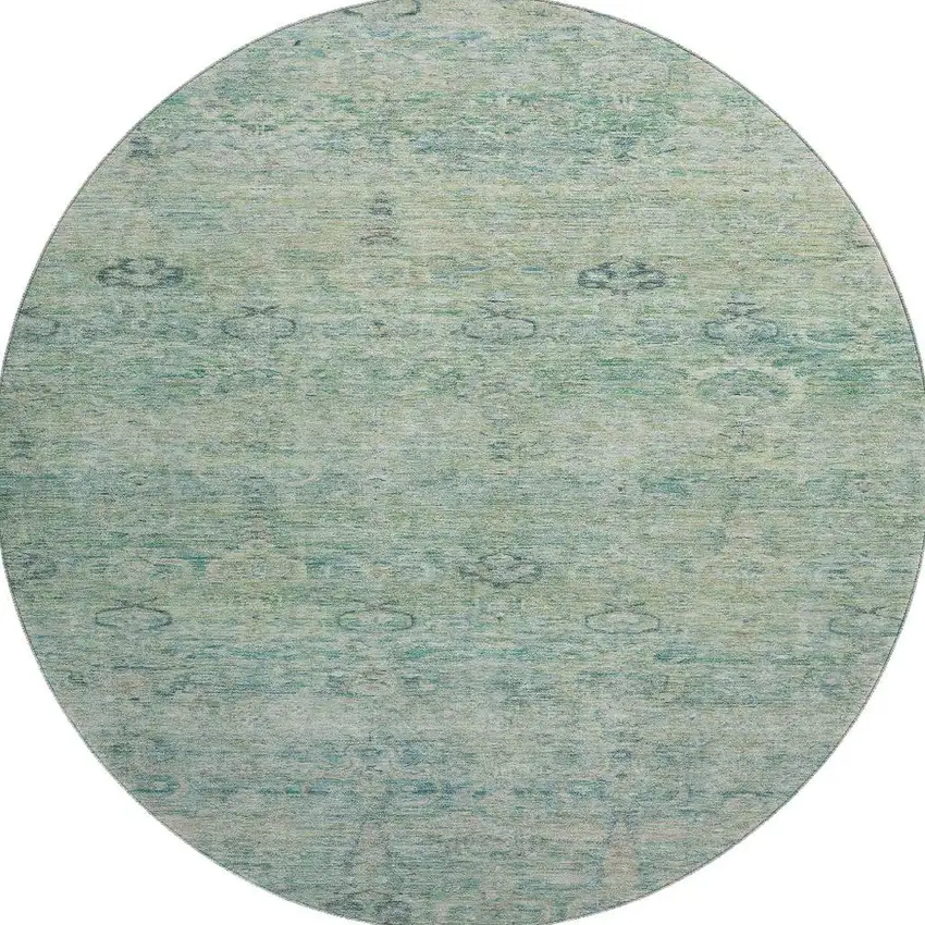 8' Teal And Pale Aqua Abstract Washable Round Rug With UV Protection Photo 4