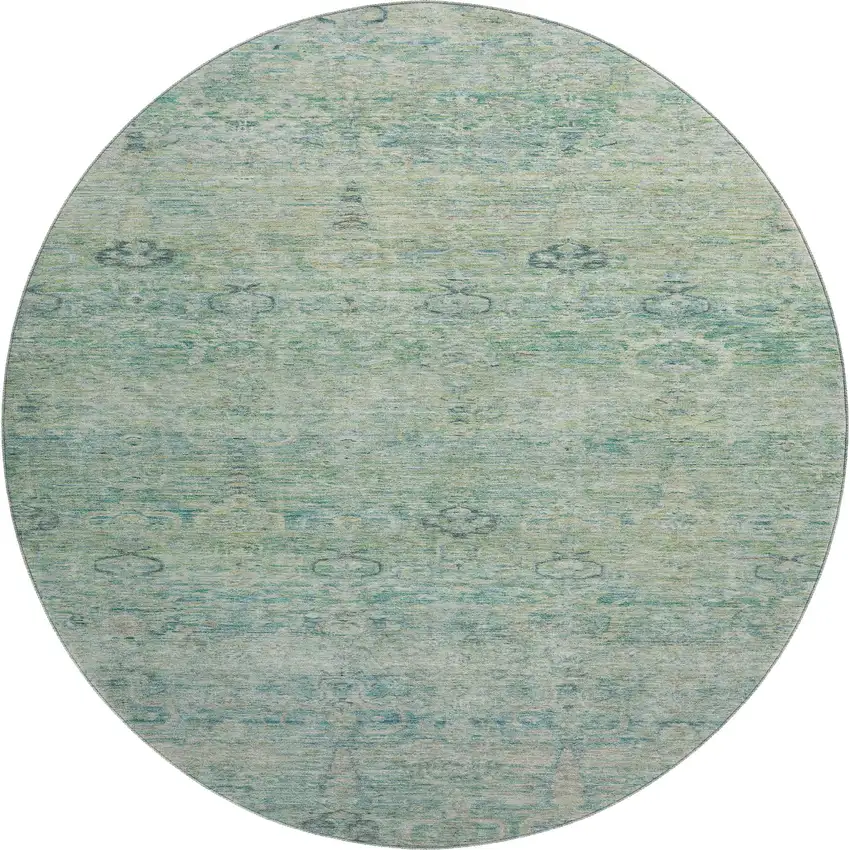 8' Teal And Pale Aqua Abstract Washable Round Rug With UV Protection Photo 1