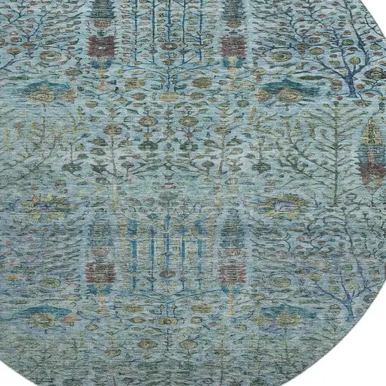 8' Teal And Pale Aqua Floral Vines Washable Round Rug With UV Protection Photo 3