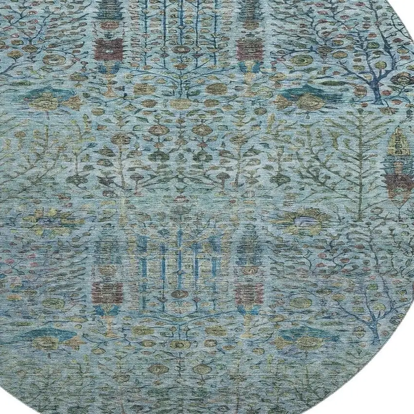8' Teal And Pale Aqua Floral Vines Washable Round Rug With UV Protection Photo 3