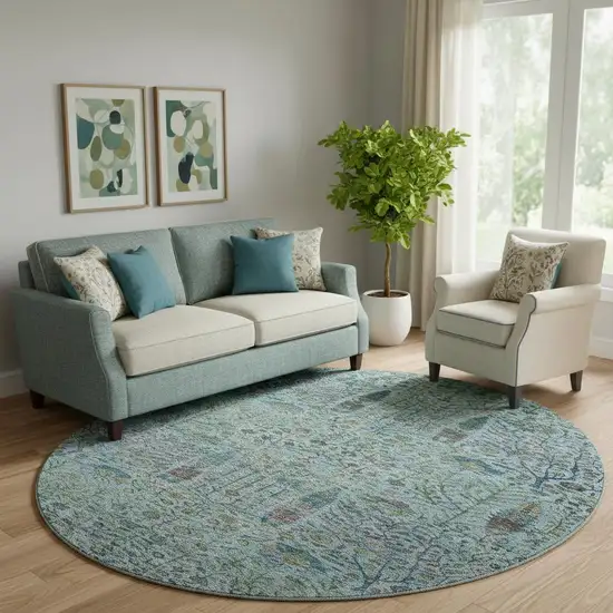 8' Teal And Pale Aqua Floral Vines Washable Round Rug With UV Protection Photo 2