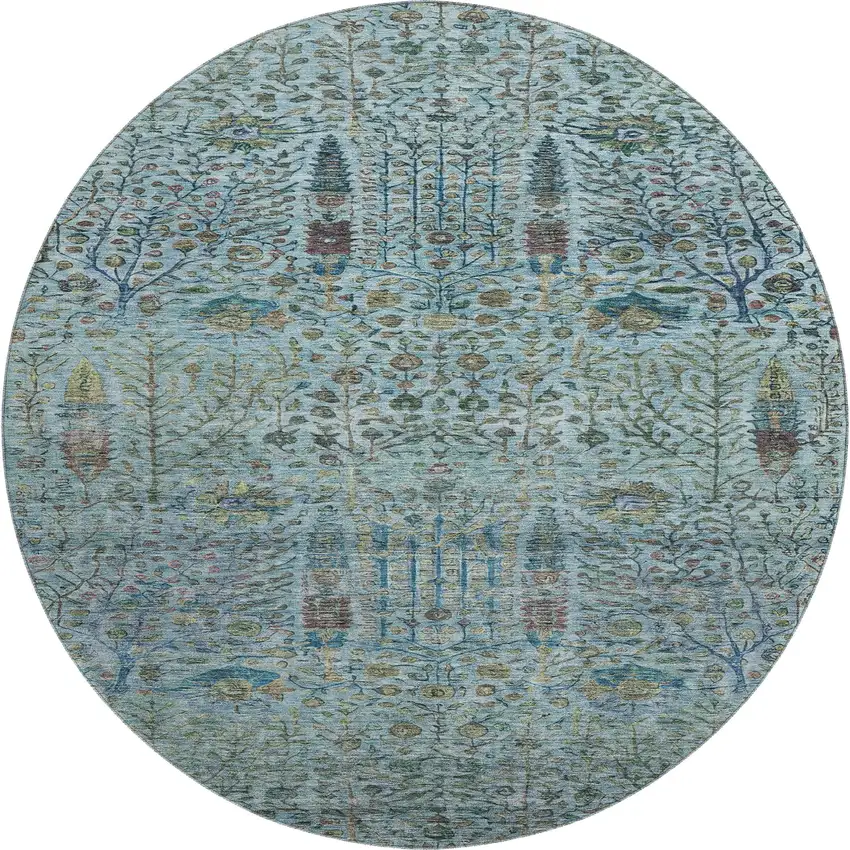 8' Teal And Pale Aqua Floral Vines Washable Round Rug With UV Protection Photo 1