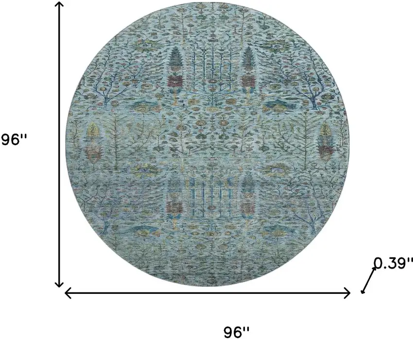 8' Teal And Pale Aqua Floral Vines Washable Round Rug With UV Protection Photo 8