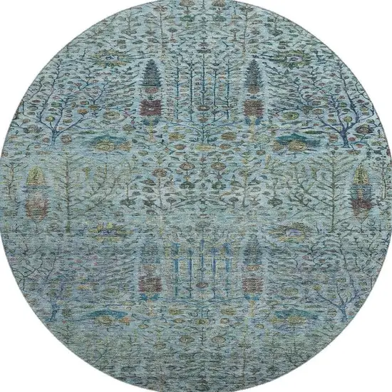 8' Teal And Pale Aqua Floral Vines Washable Round Rug With UV Protection Photo 4