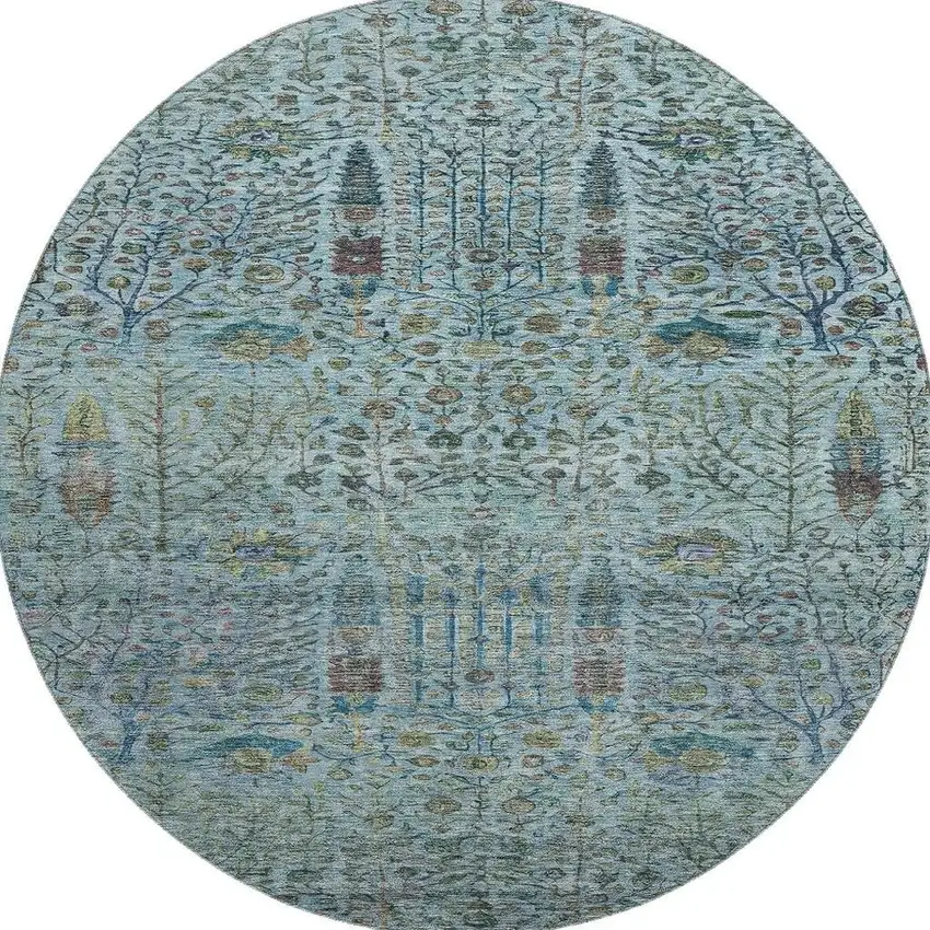 8' Teal And Pale Aqua Floral Vines Washable Round Rug With UV Protection Photo 4