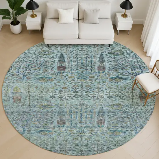 8' Teal And Pale Aqua Floral Vines Washable Round Rug With UV Protection Photo 5
