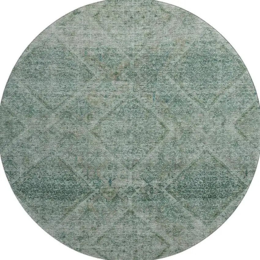 8' Teal And Pale Aqua Geometric Washable Round Rug With UV Protection Photo 4