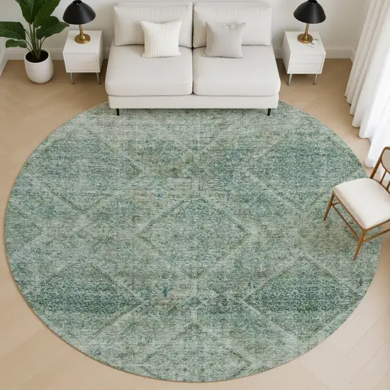 8' Teal And Pale Aqua Geometric Washable Round Rug With UV Protection Photo 5
