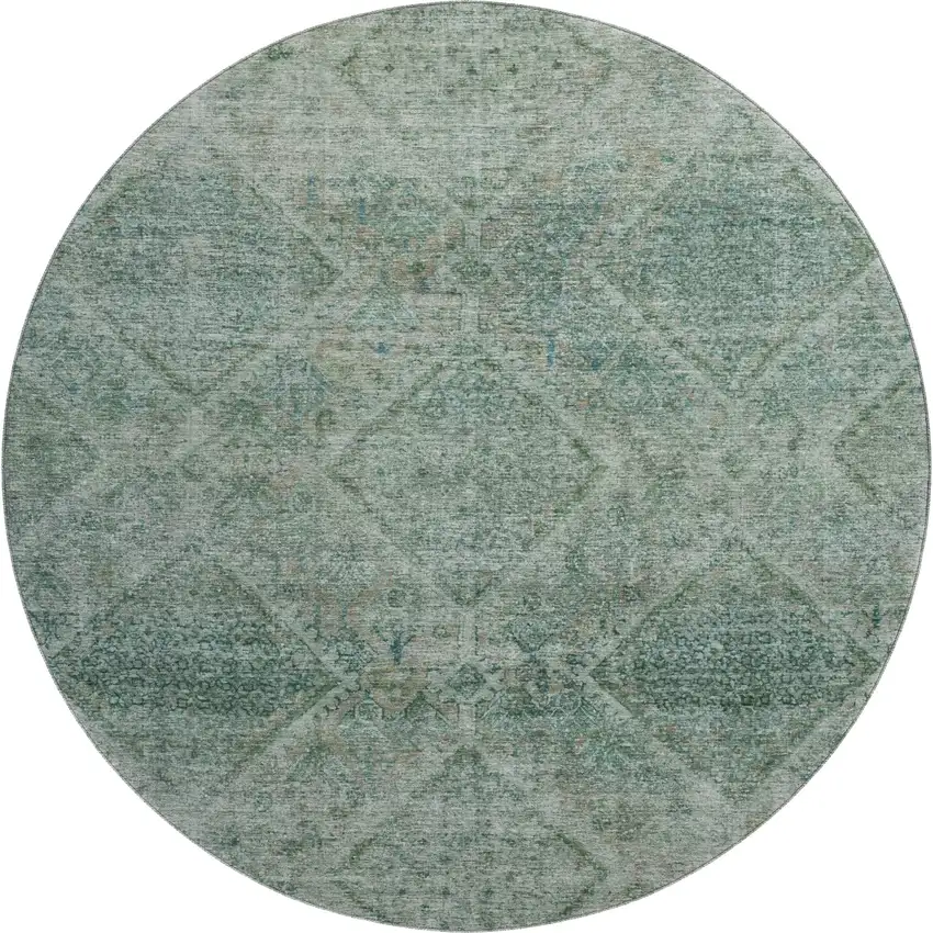 8' Teal And Pale Aqua Geometric Washable Round Rug With UV Protection Photo 1