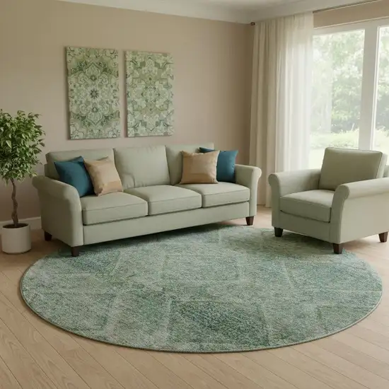 8' Teal And Pale Aqua Geometric Washable Round Rug With UV Protection Photo 1