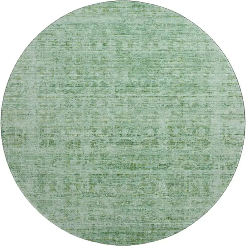 8' Teal And Pale Aqua Oriental Washable Round Rug With UV Protection Photo 1