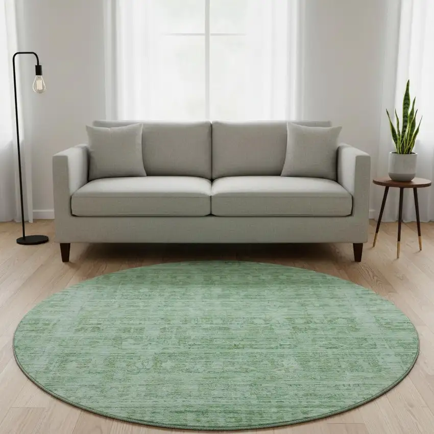 8' Teal And Pale Aqua Oriental Washable Round Rug With UV Protection Photo 2