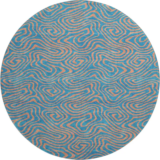 8' Teal And Peach Abstract Washable Round Rug With UV Protection Photo 1