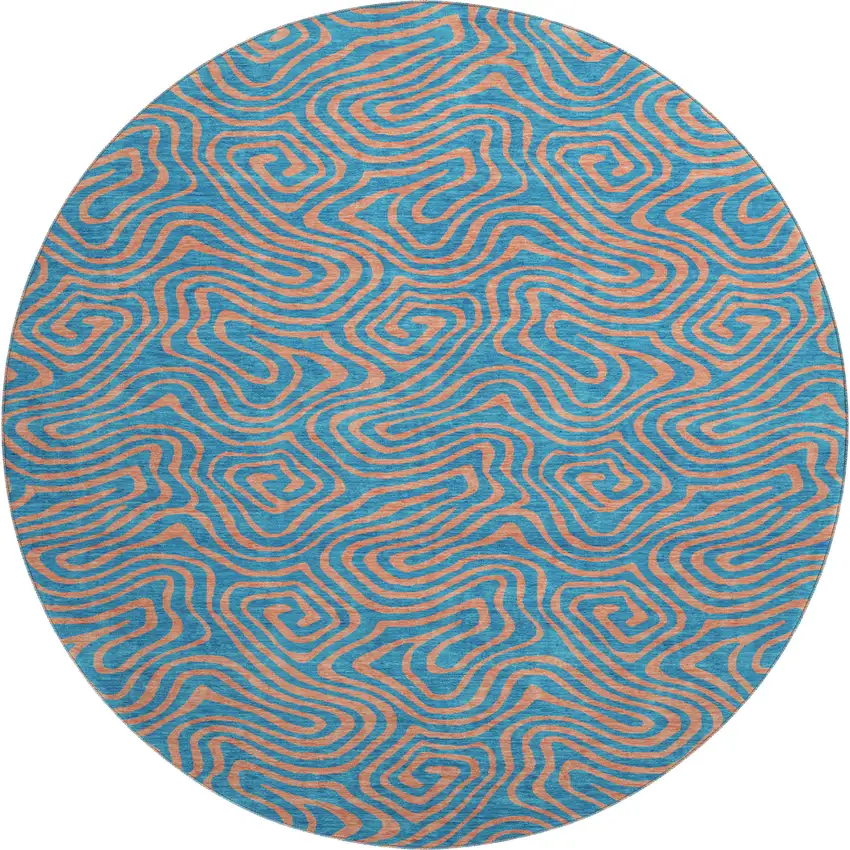 8' Teal And Peach Abstract Washable Round Rug With UV Protection Photo 1