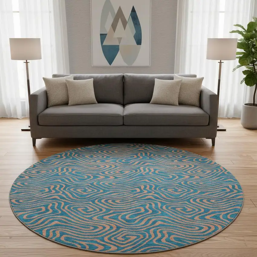 8' Teal And Peach Abstract Washable Round Rug With UV Protection Photo 2