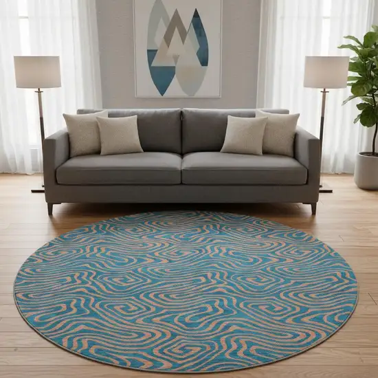 8' Teal And Peach Abstract Washable Round Rug With UV Protection Photo 2