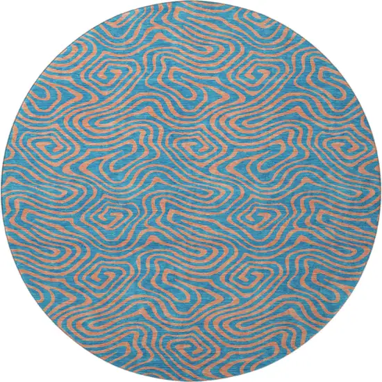 8' Teal And Peach Abstract Washable Round Rug With UV Protection Photo 2