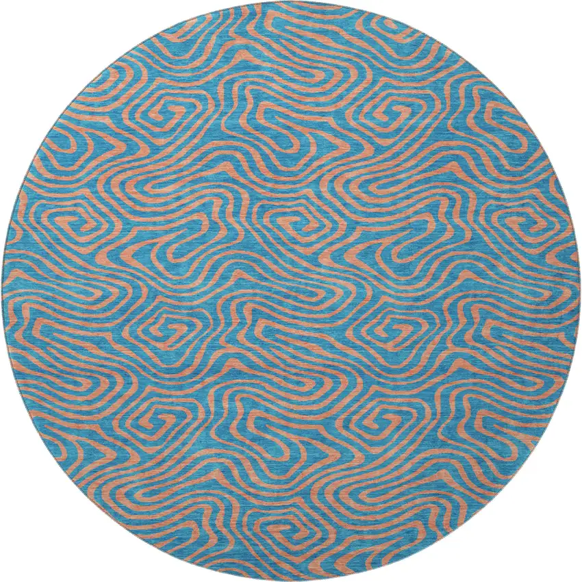 8' Teal And Peach Abstract Washable Round Rug With UV Protection Photo 2