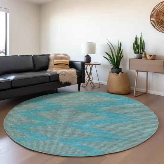 8' Teal And Peach Geometric Washable Round Rug With UV Protection Photo 4