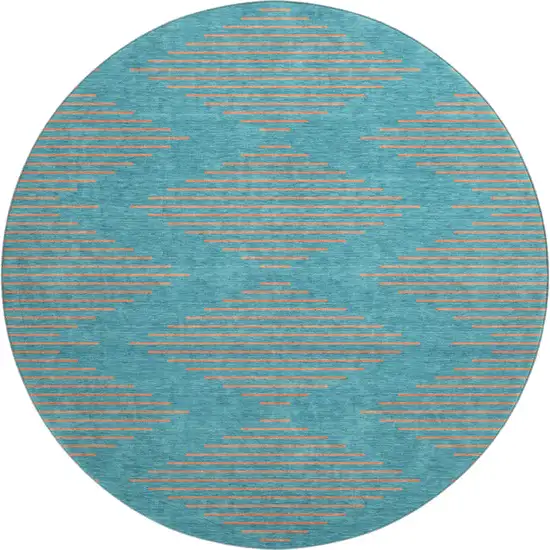 8' Teal And Peach Geometric Washable Round Rug With UV Protection Photo 1