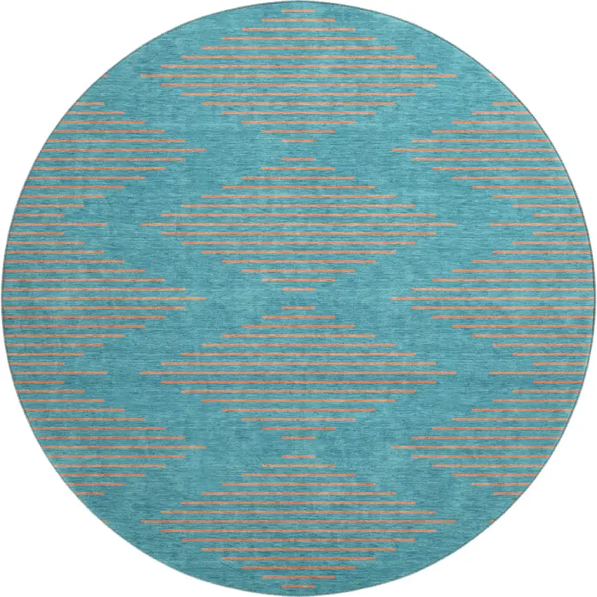 8' Teal And Peach Geometric Washable Round Rug With UV Protection Photo 1
