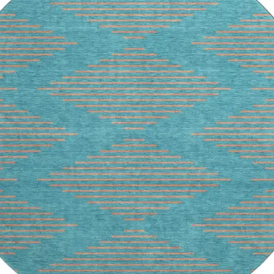 8' Teal And Peach Geometric Washable Round Rug With UV Protection Photo 2