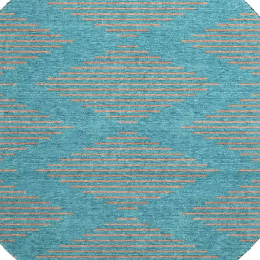 8' Teal And Peach Geometric Washable Round Rug With UV Protection Photo 2