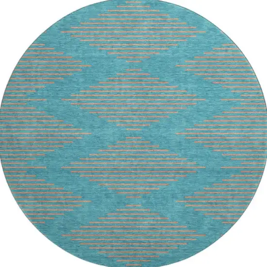 8' Teal And Peach Geometric Washable Round Rug With UV Protection Photo 3