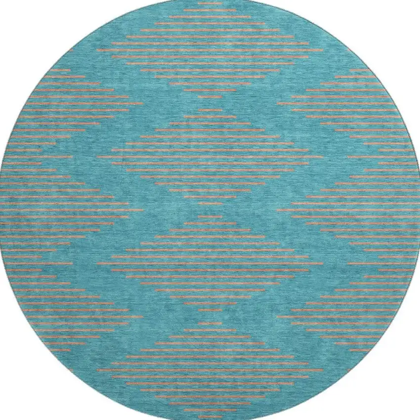 8' Teal And Peach Geometric Washable Round Rug With UV Protection Photo 3
