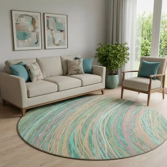 8' Teal And Pink Abstract Washable Round Rug With UV Protection Photo 2