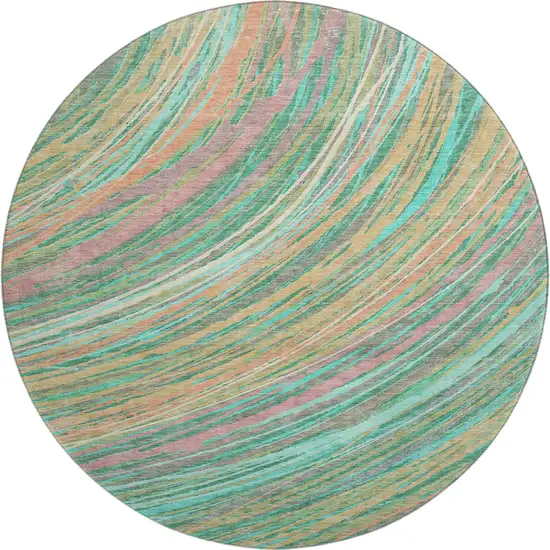 8' Teal And Pink Abstract Washable Round Rug With UV Protection Photo 1