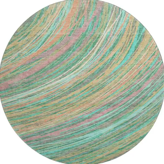 8' Teal And Pink Abstract Washable Round Rug With UV Protection Photo 4