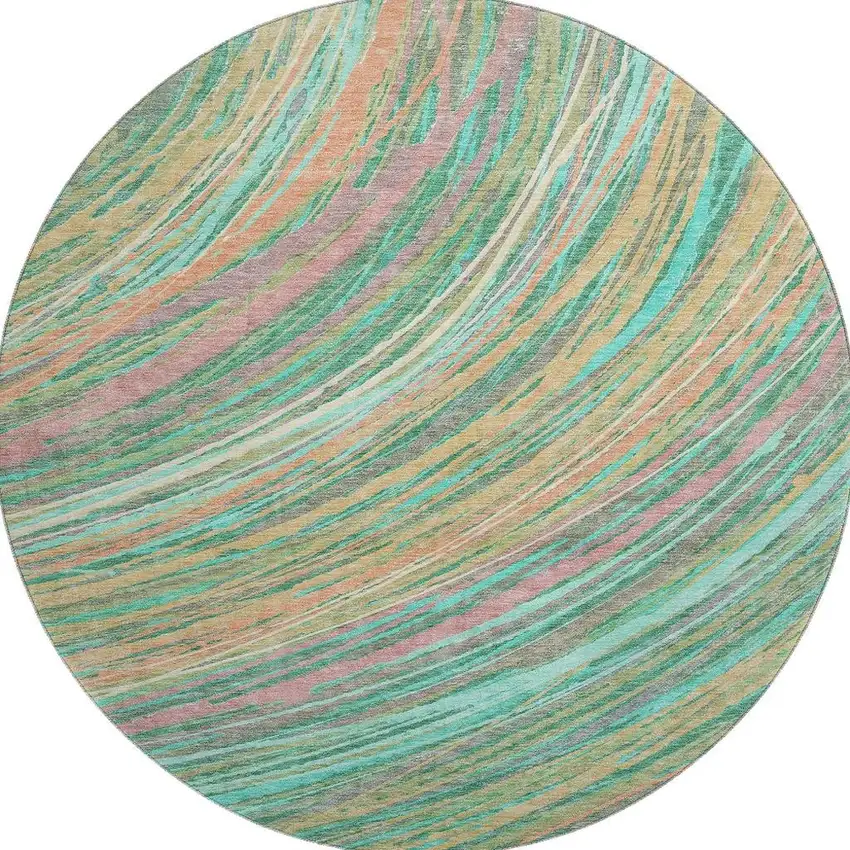 8' Teal And Pink Abstract Washable Round Rug With UV Protection Photo 4