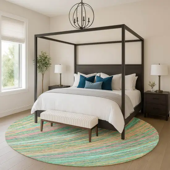 8' Teal And Pink Abstract Washable Round Rug With UV Protection Photo 5