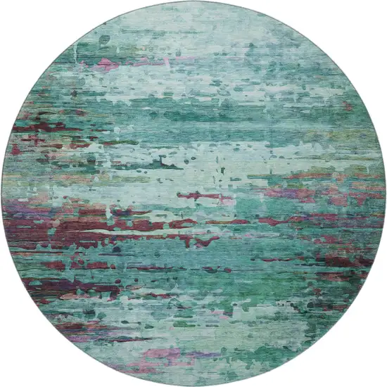 8' Teal And Plum Abstract Washable Round Rug With UV Protection Photo 4